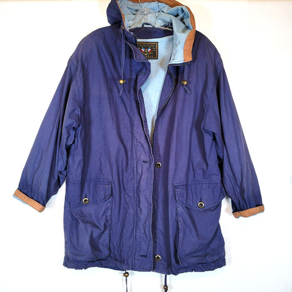 Express Jackets & Blazers - Express Womens Zip Leather Collar Barn Chore Coat Size Large Blue Vintage Hood